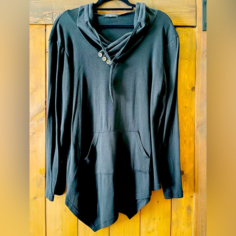 Womens Cross Neck Uneven Hemline Hoody Long Sleeve Loose Flare Tunic Henley